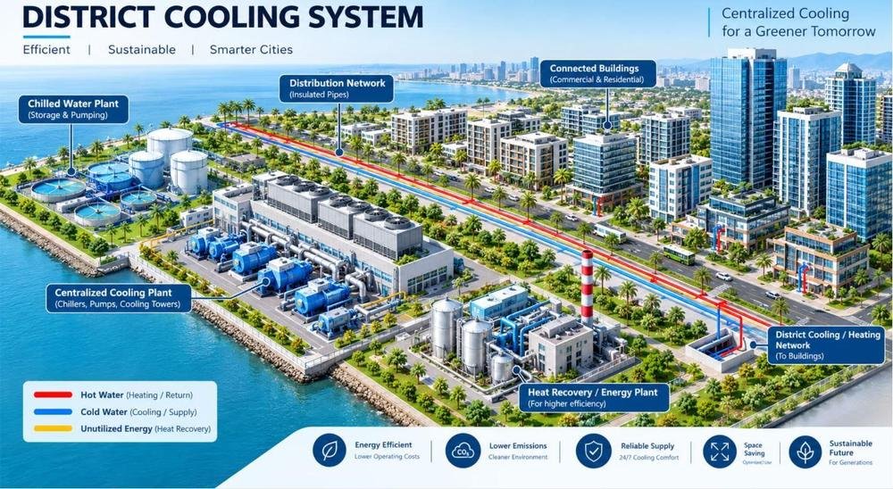 District cooling plant and connected buildings