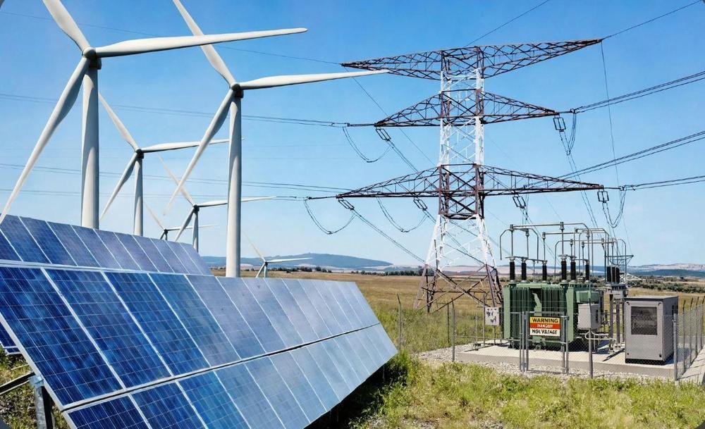 Solar panels and wind turbines beside a grid substation
